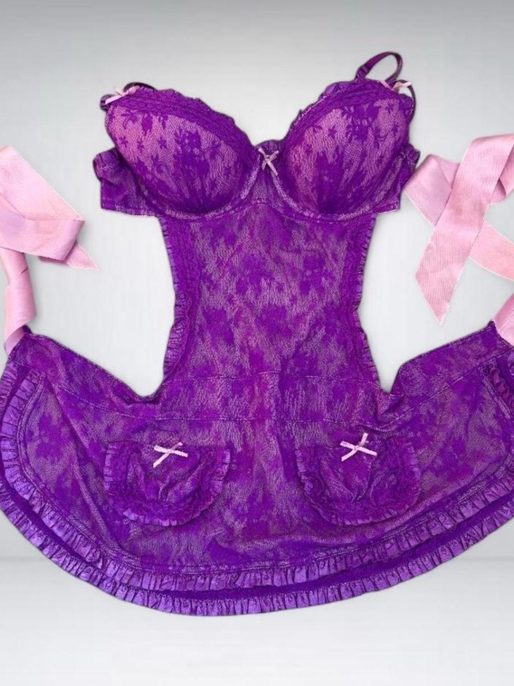 Victoria's Secret Purple Lace Chemise Apron Baby Doll Y2K Ribbon Detail 34C